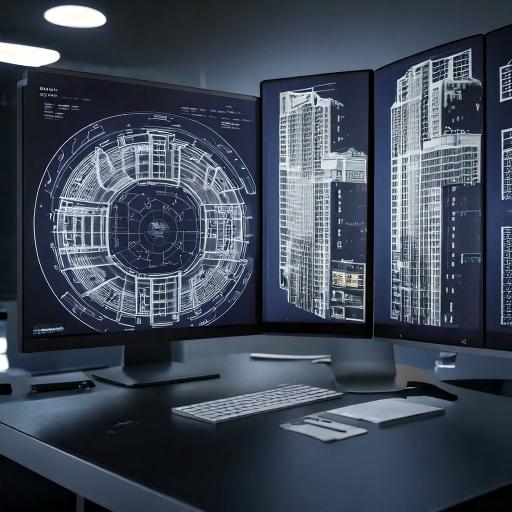 image_de bureau d'étude avec écran de batiment d'architecture en 2D